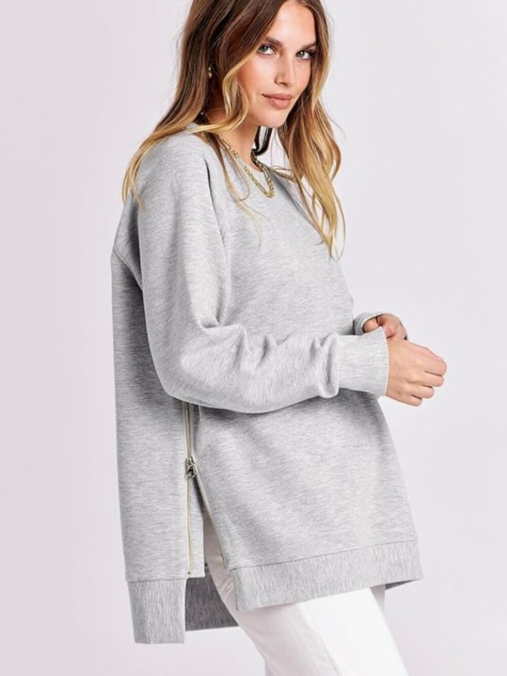 Oversized Sweatshirts Crewneck Long Sleeve Tunic Pullover Shirts Side Zipper